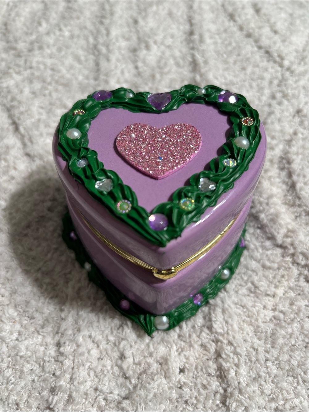 Purple and green decoden Heart Trinket Box- hand decorated